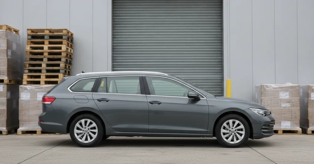 Estate car parked by a warehouse loading bay, illustrating a volkswagen passat lease. Estate car parked by a warehouse loading bay, illustrating a volkswagen passat lease.