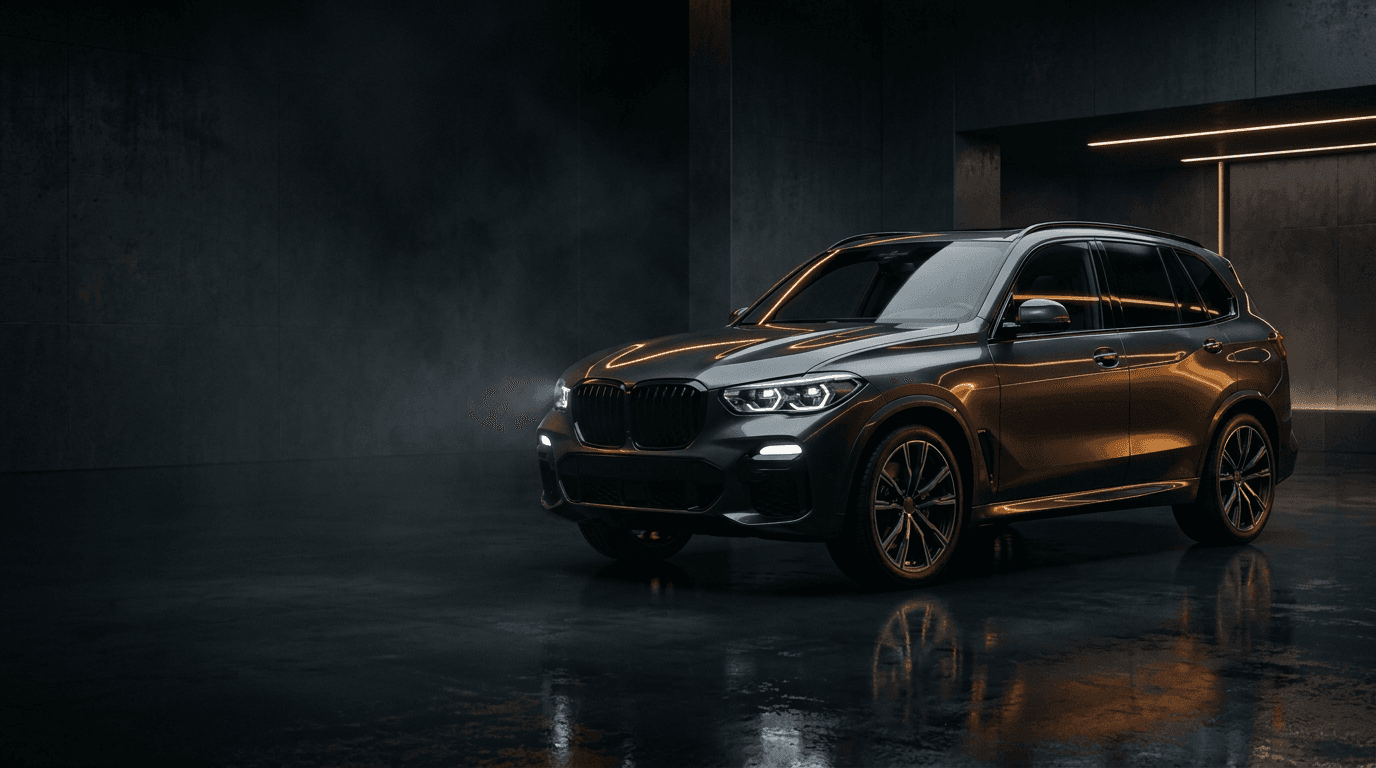A premium graphite vehicle in a dramatic night studio